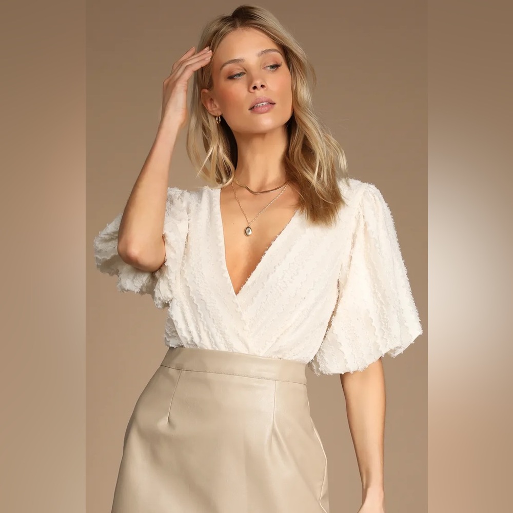 Lulu’s Instantly a Favorite Cream Surplice Puff Sleeve Bodysuit